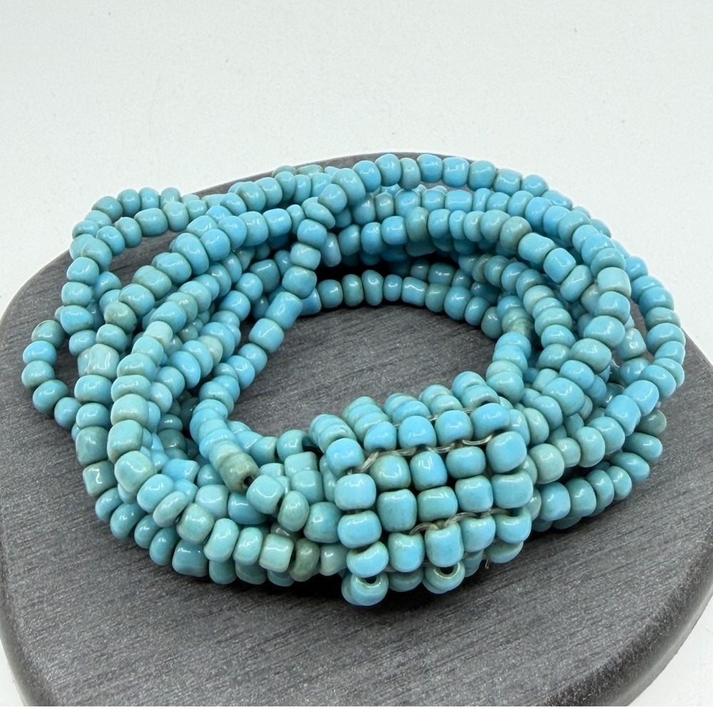 Turquoise Tone Blue Seed Bead Multi Strand Stretch Bracelet Statement Wide Cuff